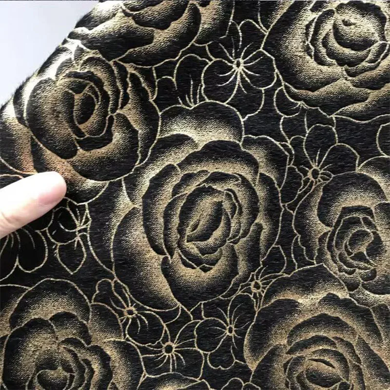 블랙 짧은 봉제 표면 골드 로즈 패턴 인쇄 PU 가죽 원단, 바느질 재료, DIY 가방, 무대 의류 디자이너 원단