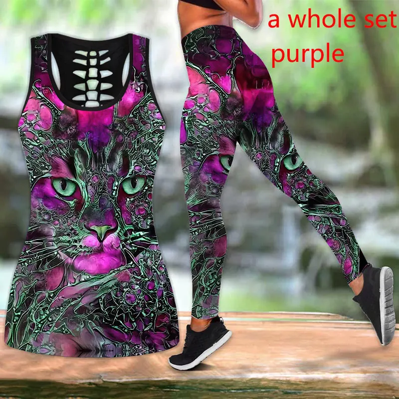 3D Abstract Cats Printed Workout Leggings Fitness Sports Gym Running Lift  The Hips Yoga Pants Tank Top Yoga Set