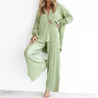 New Pajamas for Women Two-piece Set Pleated Shirt Long-sleeved Lapel Slit High Waisted Wide Pants Suit Loungewear Women Outfits - Image 3