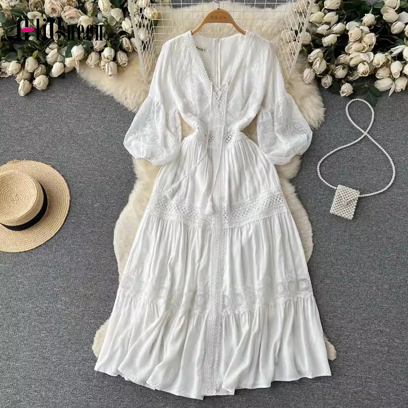 

Women Casual White Sexy Hollow Out Lace Patchwork Maxi Dresses V Neck Lace Up Lantern Sleeve Holiday Beach Dress Spring Summer