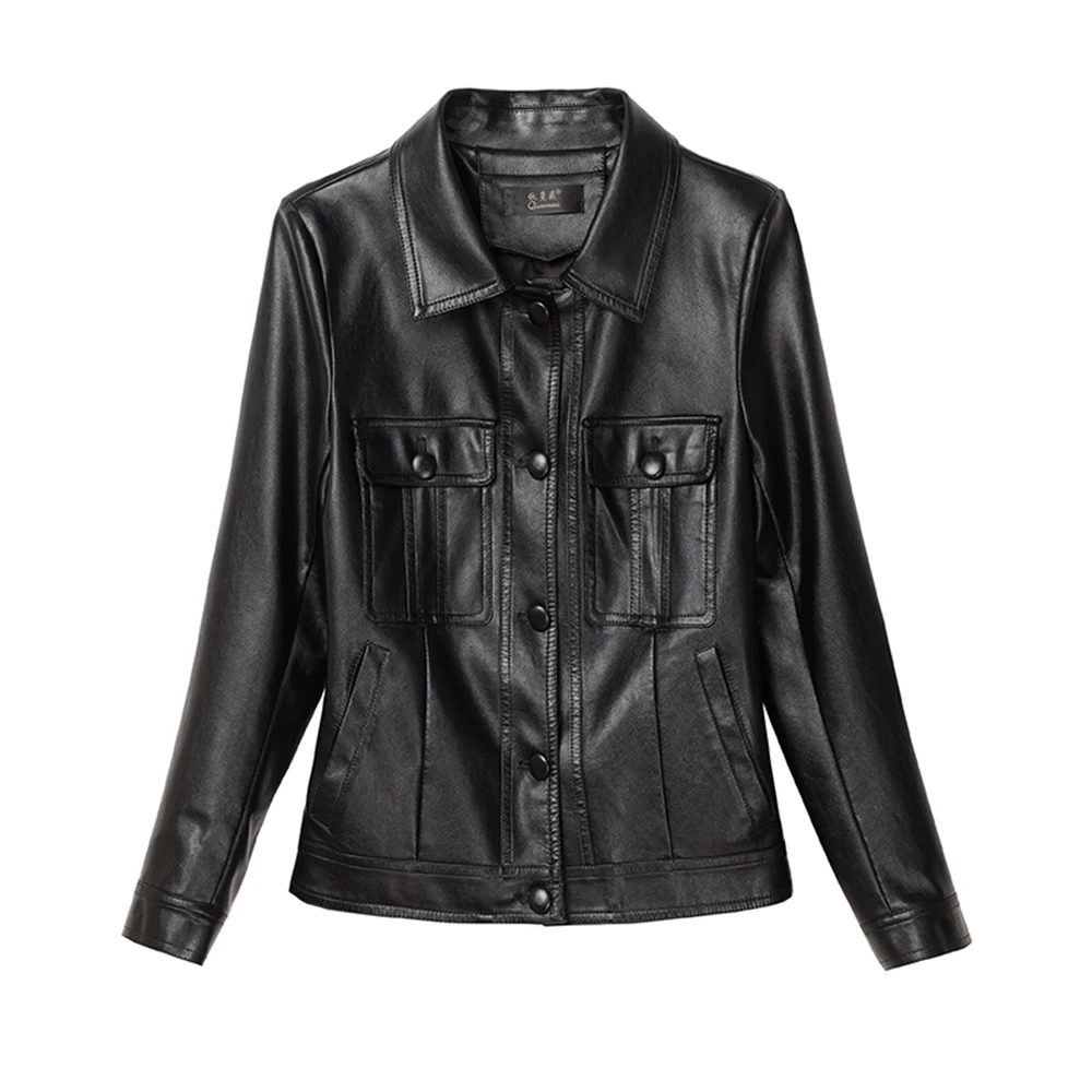 New Women Leather Jacket Spring Autumn Fashion Casual Turn-down Collar Soft Sheep Leather Coat Short Slim Outerwear Female