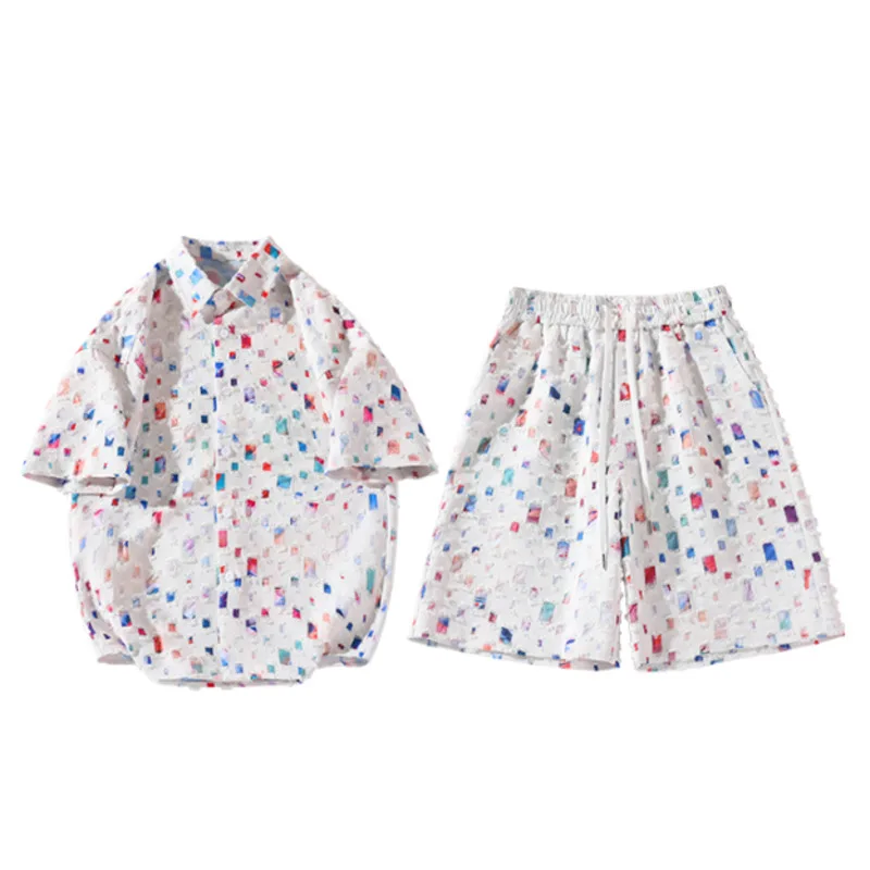 Summer Plaid Sets Men Fashion Short Sleeved Shirt/Shorts Two-piece Mens Streetwear Loose Hollow Out Set Mens Short Sets M-5XL 6