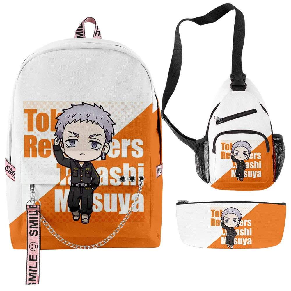 Popular Funny Anime Tokyo Revengers Q 3D Print 3pcs/Set Student School Bags multifunction Travel Backpack Chest Bag Pencil Case