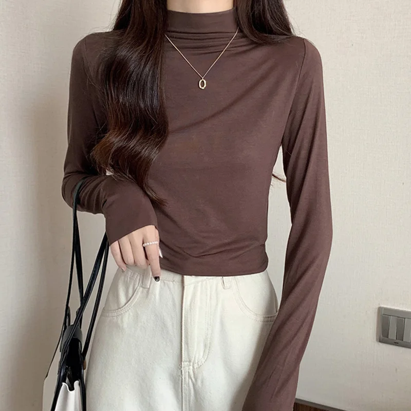 

Basic Turtleneck Women T Shirt Slim Cotton Long Sleeve Top Tshirts 2022 Autumn Korean Style Clothes High Elastic Tee Shirt Femme