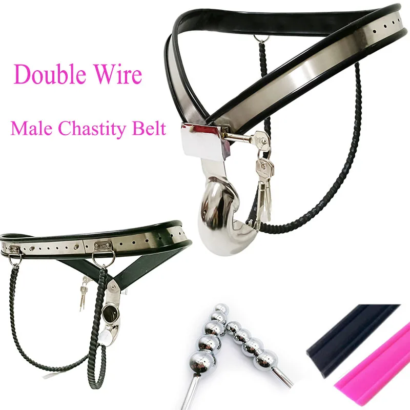 

Stainless Steel Double Wires Male Chastity Belt Device Adjustable Waist Restraint Cock Cage Penis Ring BDSM Sex Toys for Men