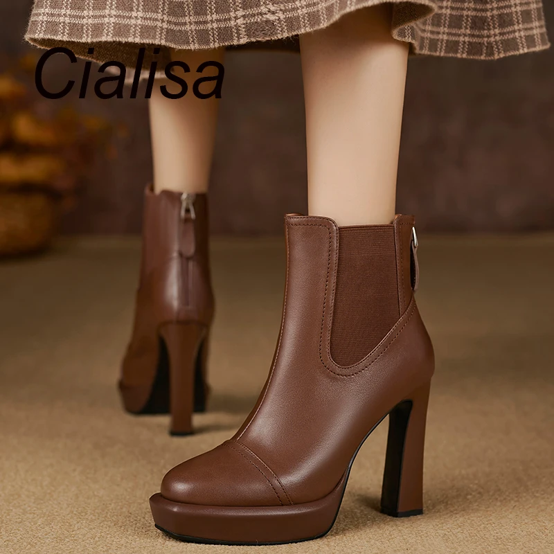 

Cialisa High Quality Women Ankle Boots Real Leather Shoes Autumn Winter Round Toe Elegant High Heels Lady Platform Short Boots