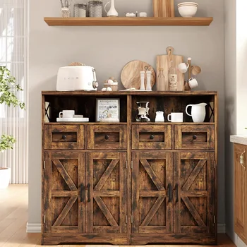 Rustic Kitchen Storage Cabinet with Drawers and Shelves, Dining Room Floor Hutch for Pantry Organization 5