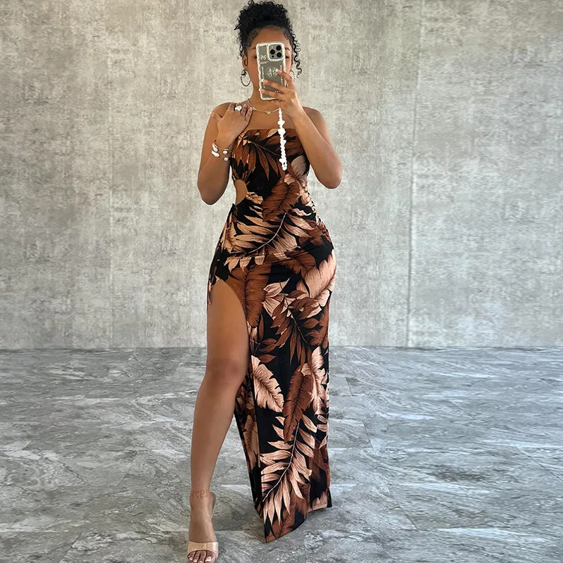 

Fashionable Leaf Print Women's Dress Party Bar Sexy Sleeveless One-Shoulder Backless Slit Long Dress Birthday Dress for Women