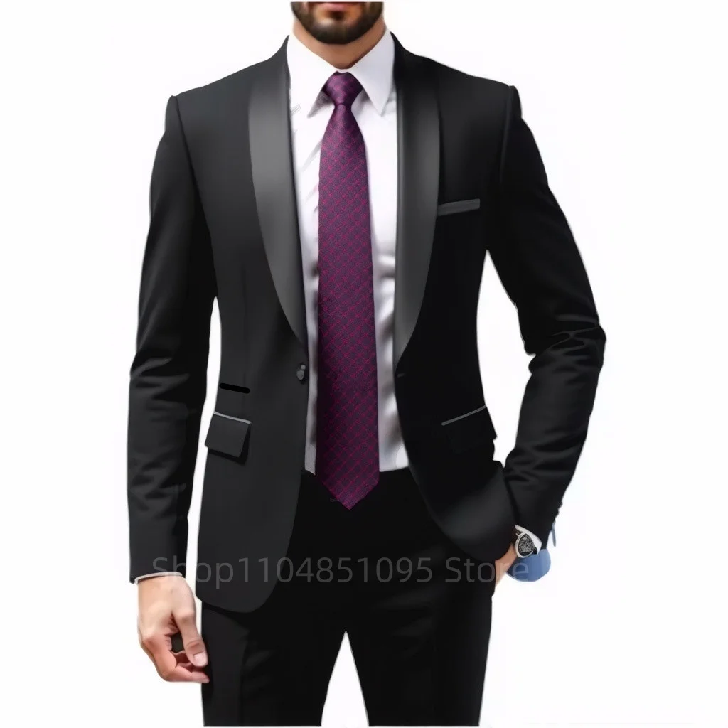 Solid Men's 2-Piece Suit One Button Black Shawl Lapel Blazer Set Business Wedding Party Tuxedos Slim Fit Jacket & Trousers