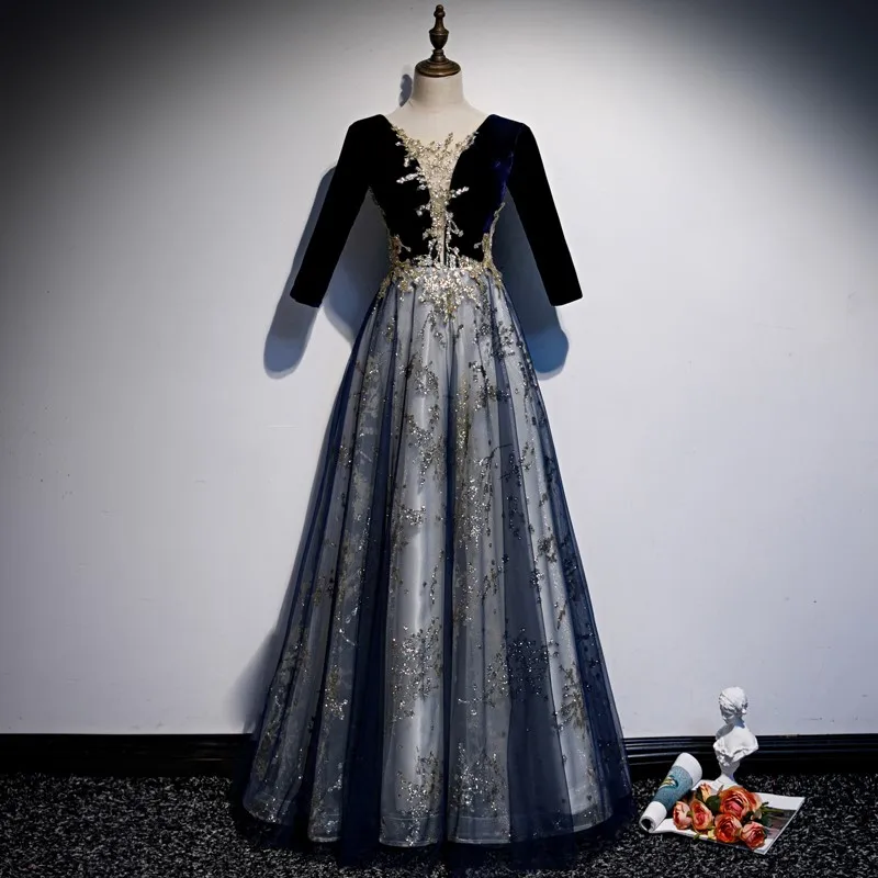 

Black Elegant Evening Dress Long Sleeve Art Exam Vocal Music Banquet Temperament Velvet Host Solo Performance Costume Female