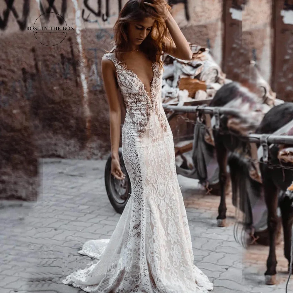 

Sexy Mermaid Lace Illusion Deep V Neck Wedding Dresses 2022 Ivory Beaded Backless Beach Bridal Gowns Elegant Robe De Mariée