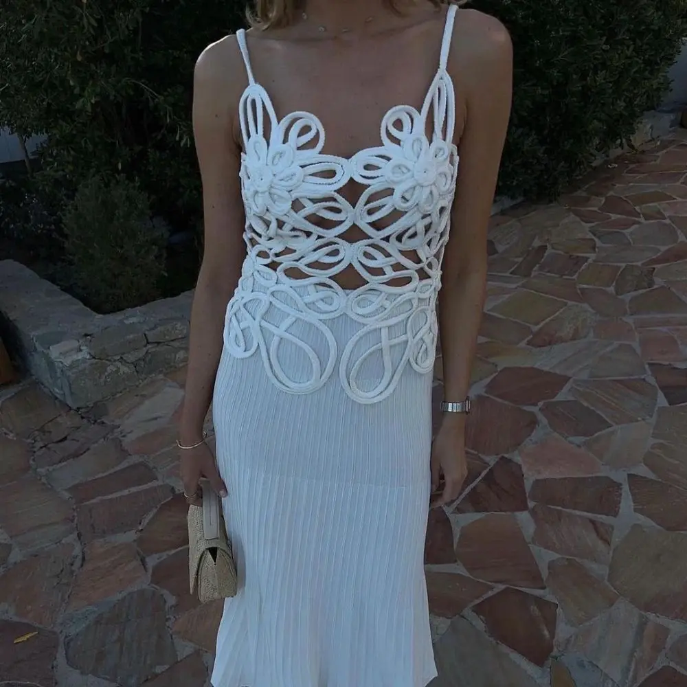 Sexy Knit Maxi Slip Dress Elegant Party Evening Long Dresses White Green Holiday Outfits Chic Sleeveless Hollow Beach Dress 2024