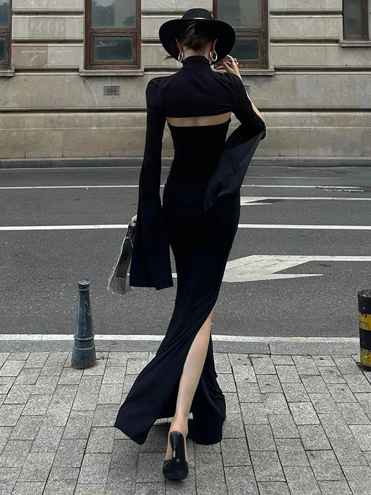 Nibber Fashion Chic 2-Piece Set Women Strapless Split Maxi Dress+Super Short Half-Sleeve Turtleneck Top Matching Elegant Outfits