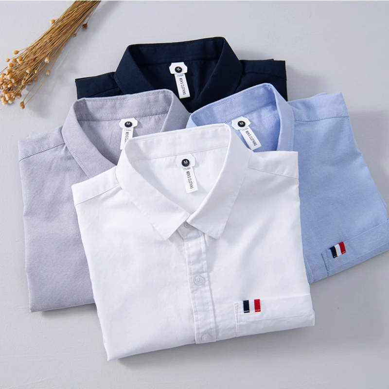 Cotton Shirt for Men Spring Summer Casual Short-sleeved All-match Solid Color 100% Cotton