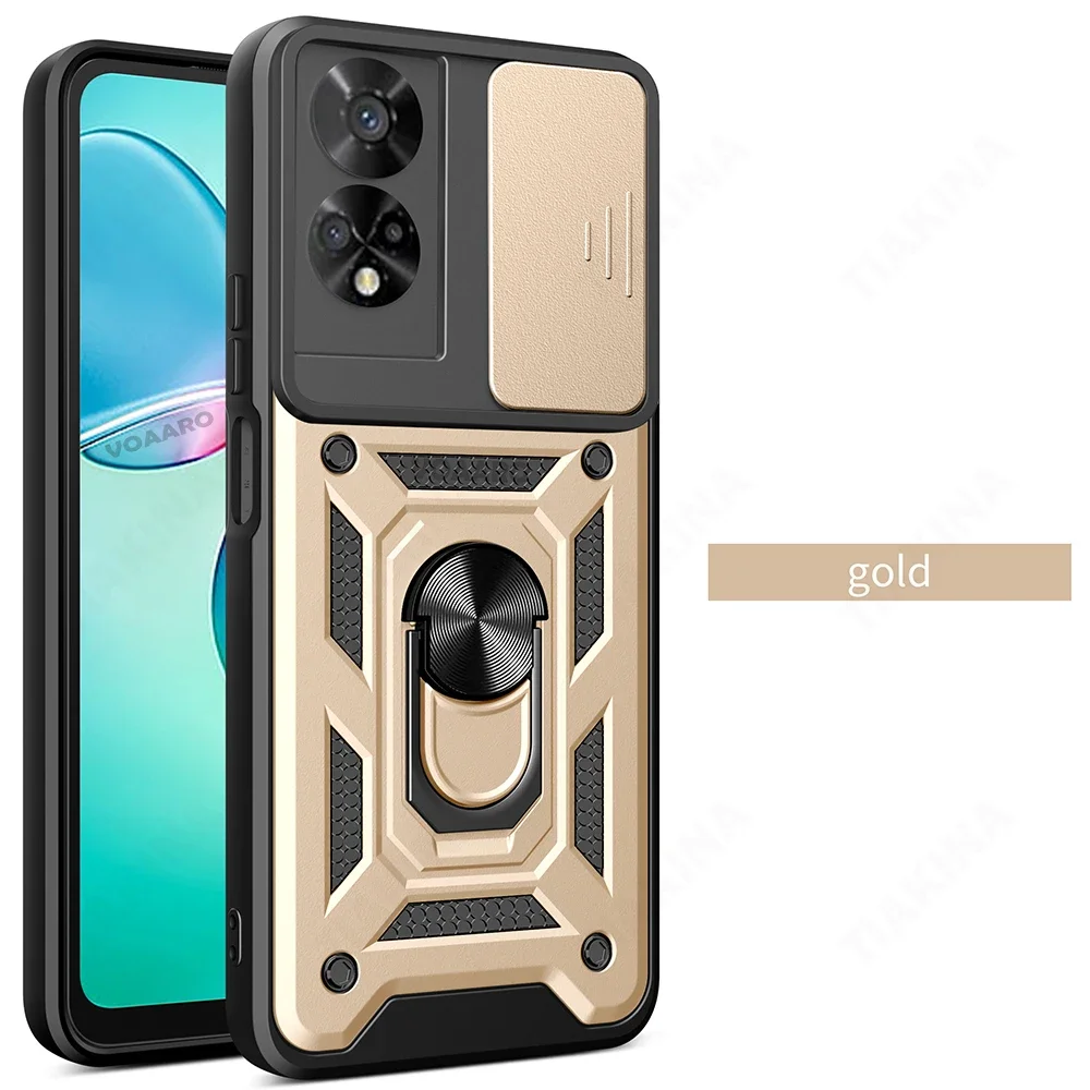 Protective Armor Case Cover with Slide Lens Camera Protection and Magnetic Ring Stand Holder
