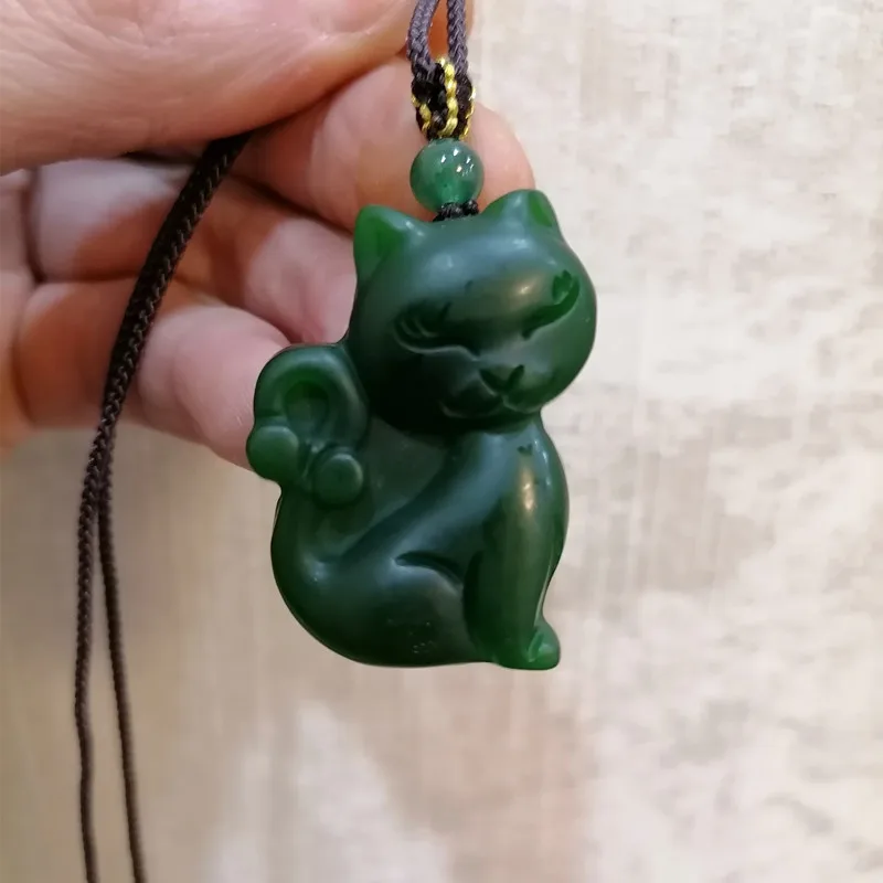 Green Handmade Carved Kitten Jade Pendant, Fashionable Boutique Jewelry, Men's and Women's Cat Necklaces, Gift Accessories