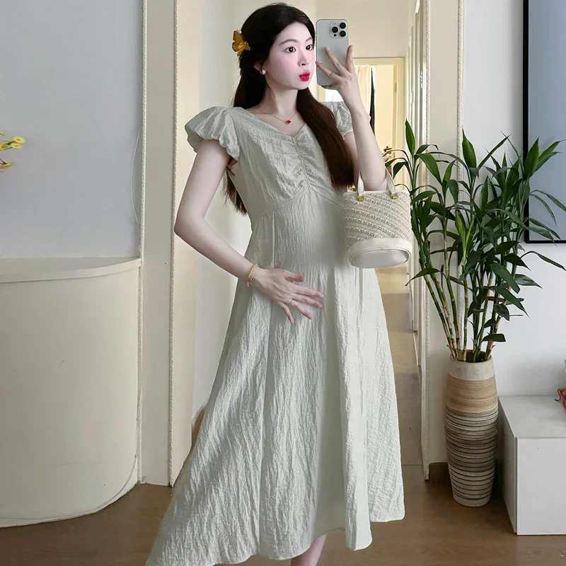 임산부를 위한 한국 패션 긴 원피스, 우아한 A 라인 슬림 옷, Y2k 청소년 임신 베이비 샤워, 2024 여름