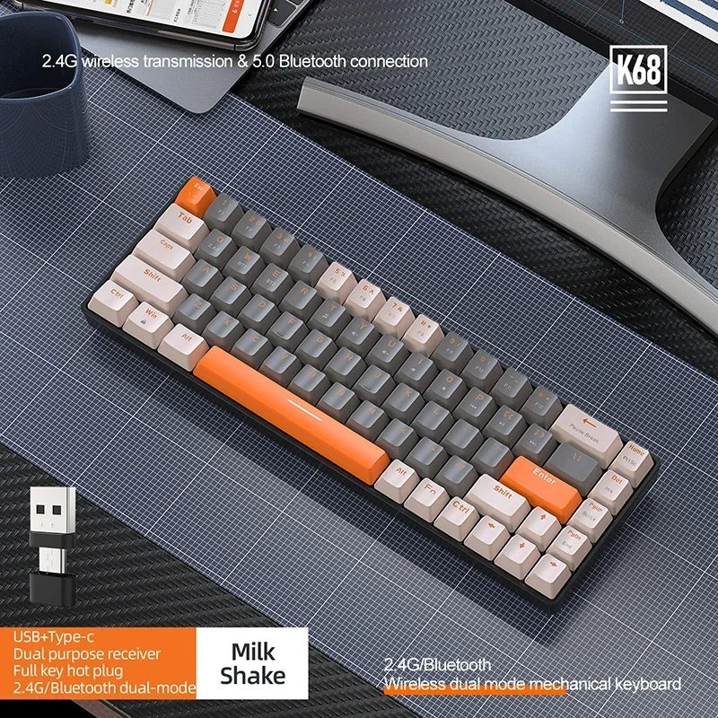 무선 게임용 기계식 키보드, 핫스왑 미니 게임용 기계식 키보드, PBT 키캡, K68, 2.4G, BT5.0, 68 키