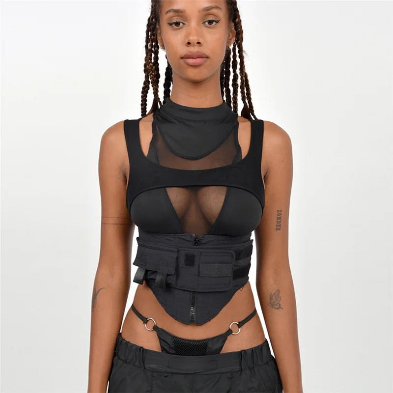 

Woman Sleeveless Crop Tank Solid Color Mesh Patchwork Schoolbag buckle Punk Crop Vest S-L