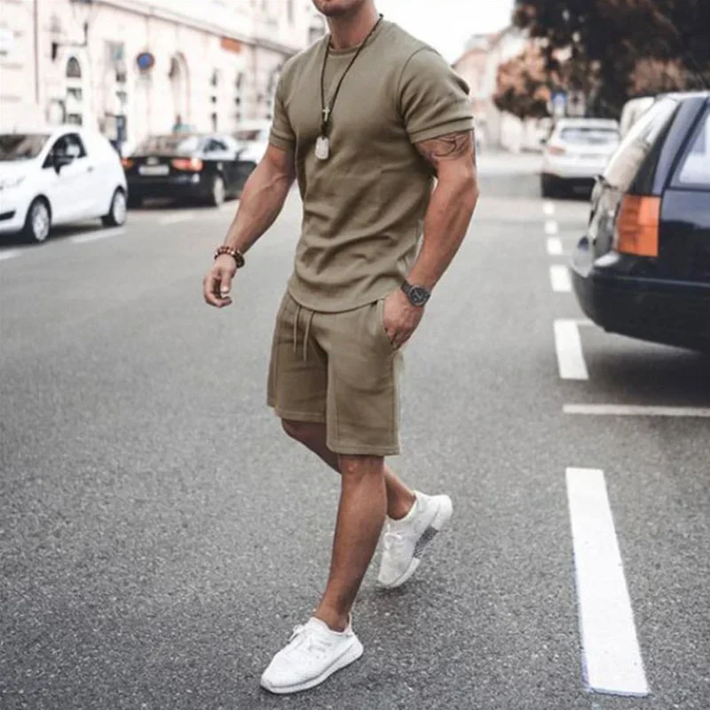 

2024 Men's Tracksuit 2 Piece Set Summer Solid Sport Hawaiian Suit Short Sleeve T Shirt and Shorts Casual Fashion Man Clothing