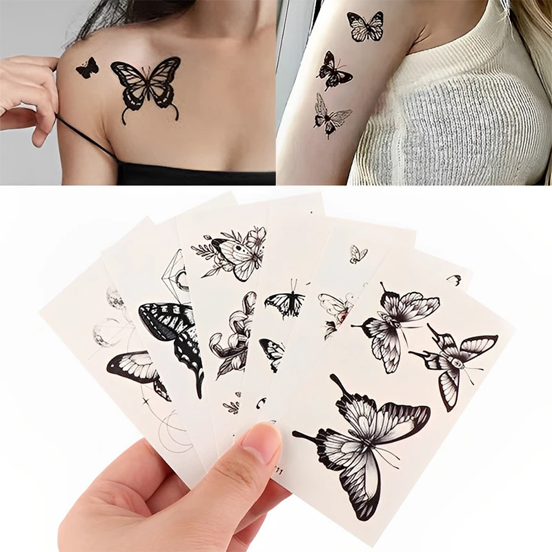 Waterproof Temporary Tattoo Sticker Black Rose Butterfly Flash Tattoos Totem Line Body Art Hand Fake Tatoos Women Men