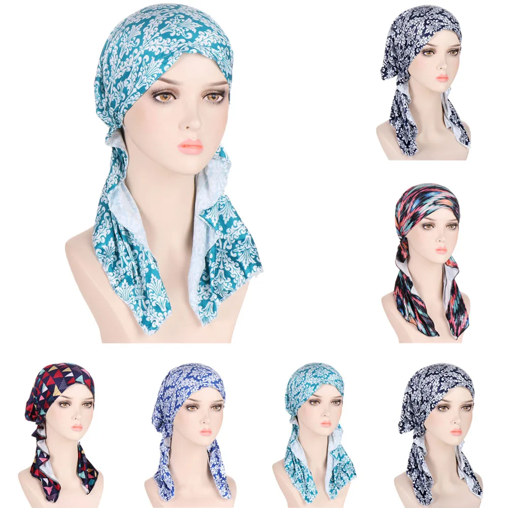 

New Pre-Tied Turban Women Chemo Cap Muslim Hijab Inner Caps Hair Loss Cover Beanies Bonnet Long Tail Headscarf Hat Headwrap Caps