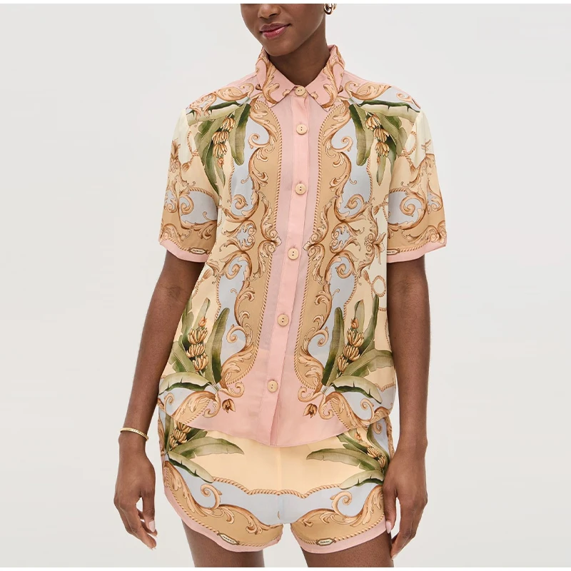 Sommer Floral Bedruckte Shorts Set Casual drehen-unten Kragen Kurzarm Einreiher Tops Bequeme frauen Kurze Strand Tragen – Detail 11