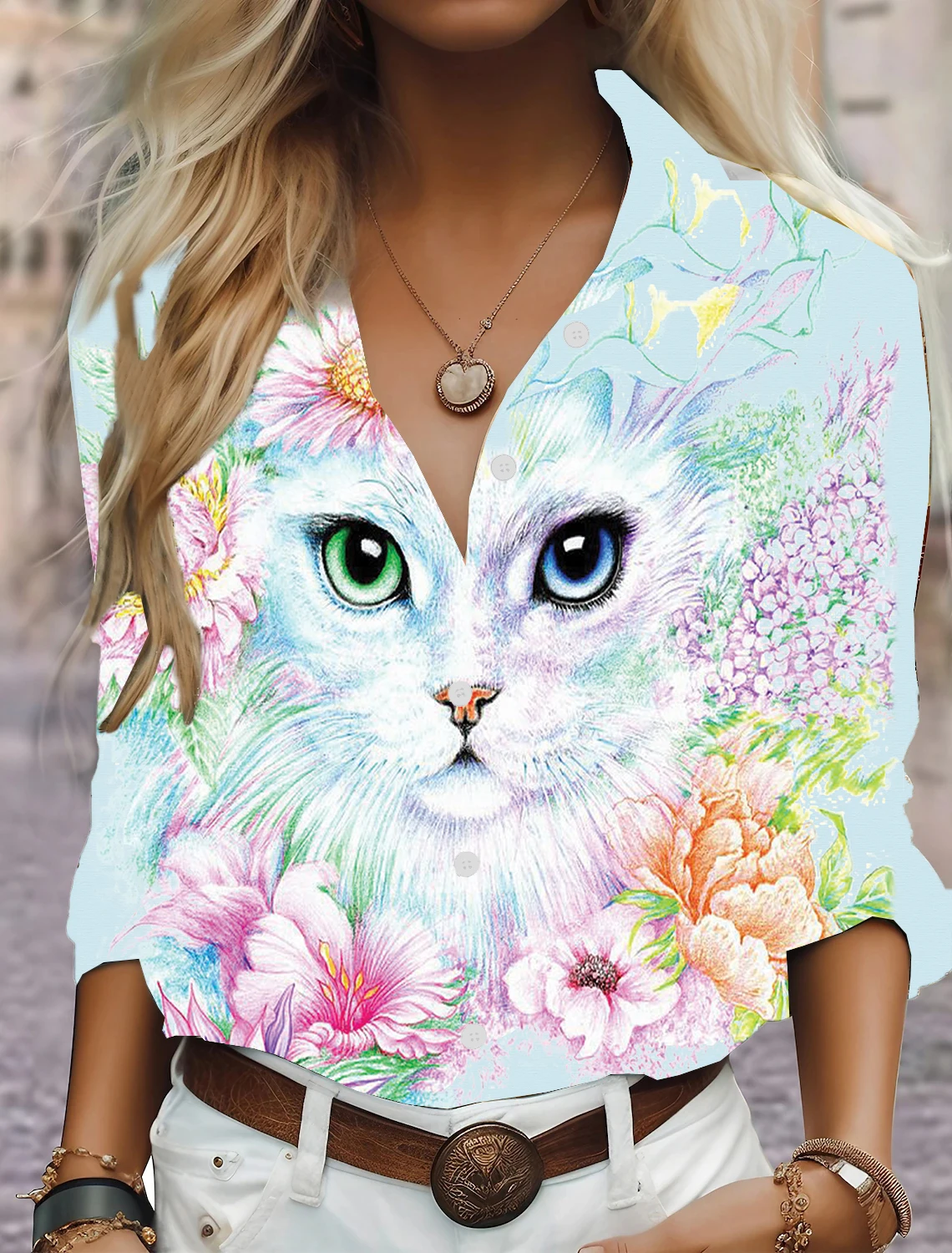 Elegant Shirt Kitten 3D Pattern Print Women's Casual Solid Button Lapel Shirt Autumn Winter Long Sleeve Loose Top East Waist Out