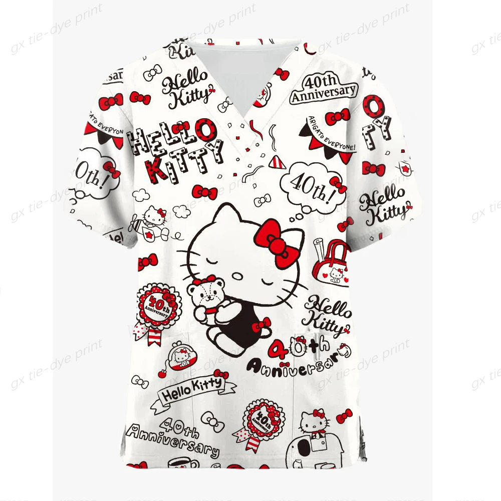 

Hello Kitty Print Nursing Scrubs T-Shirt Tops Casual Short Sleeve V-neck Pocket Women Scrubs Uniforms Women Nursing Clothing 5XL