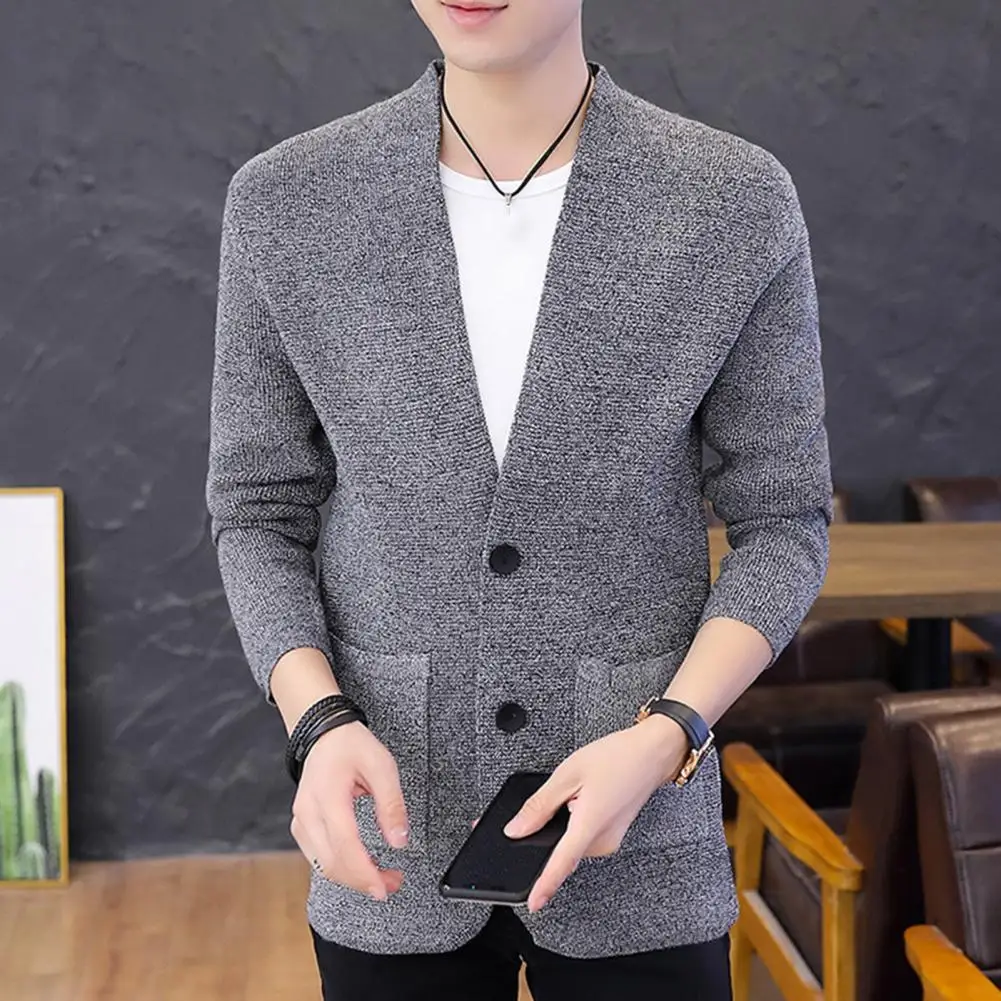 Men Knitted Sweater Men Sweater Men's Single-breasted Knitwear Coat Slim Fit Solid Color Cardigan with Pockets Soft for Fall