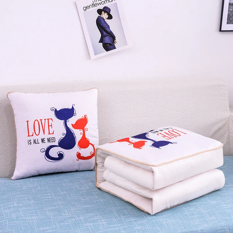 2 In 1 Pillow Travel Quilt Blanket Cartoon Thick Throw Pillow Portable Foldable Air Conditioner Cushion Blanket Car Sofa Office