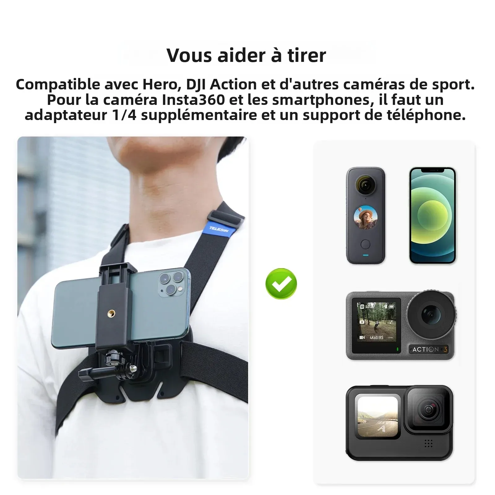 Support pour GoPro avec Clip Téléphone et Adaptateur Action
