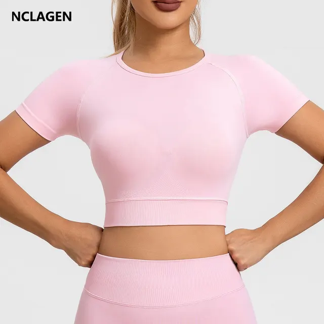 NCLAGEN femmes haut de sport à manches courtes sans couture sport t-shirt actif Fitness débardeur haut court entraînement Yoga Blouse élastique course t-shirt 1