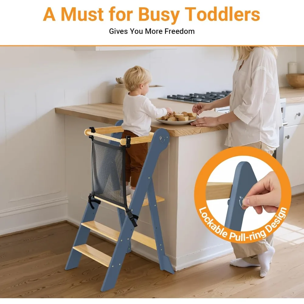 Foldable Adjustable Toddler Step Stool - Kitchen Bathroom Helper Tower for Kids 18 Months to 6 Years