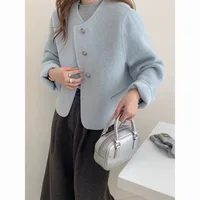 Plus Size Macaron Color Scheme Cashmere Coat Women's Short Korean Version round Neck Wool Outerwear Street Trend Bicolor Design
