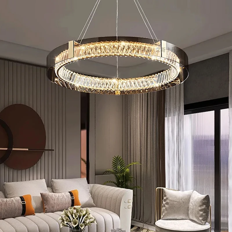 Led Crystal Chandelier For Living Room Bedroom Dining Room Kitchen Round Ring Hanging Lamp Pendant Light Modern Luxury Style