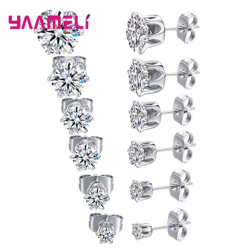 925 Sterling Silver Stud Earring Cubic Zircon Rhinestone Claw Setting Jewelry for Man Woman 3/4/5/6/7/8MM Mix Size 6 Pairs