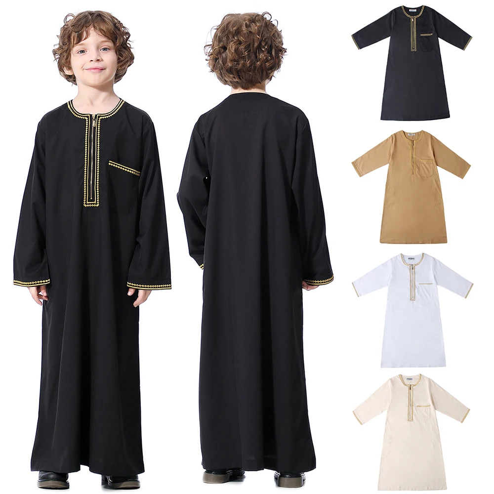 Muslim Boys Robe Round Collar Embroidered Long Sleeves Dress Gown Saudi Arabia Abaya Kaftan Jubba Thobe Islamic Clothes