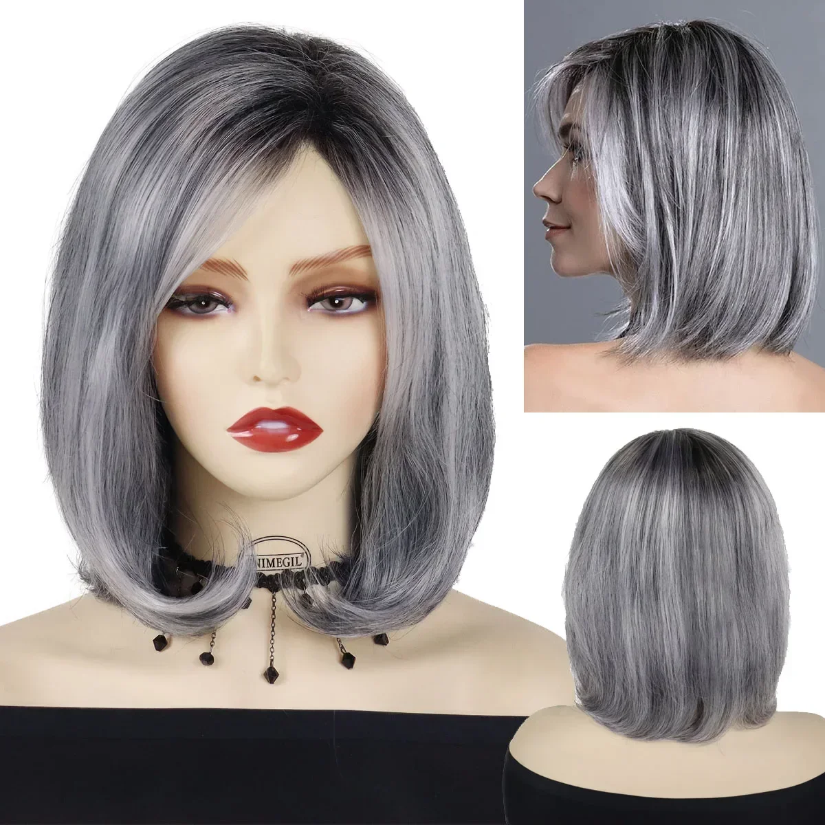 

GNIMEGIL Synthetic Bob Wig Silver Grey Old Lady Wig for Women Natural Short Ombre Wig with Side Parting Bangs Cosplay Lolita