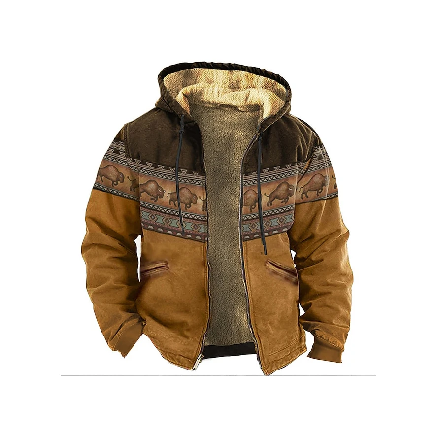 Winter Fleece Zipper Hoodies for Men Vintage Africa Tiger Print Hood Jackets Clothing Street Outerwear Coat Hooded Zip-up