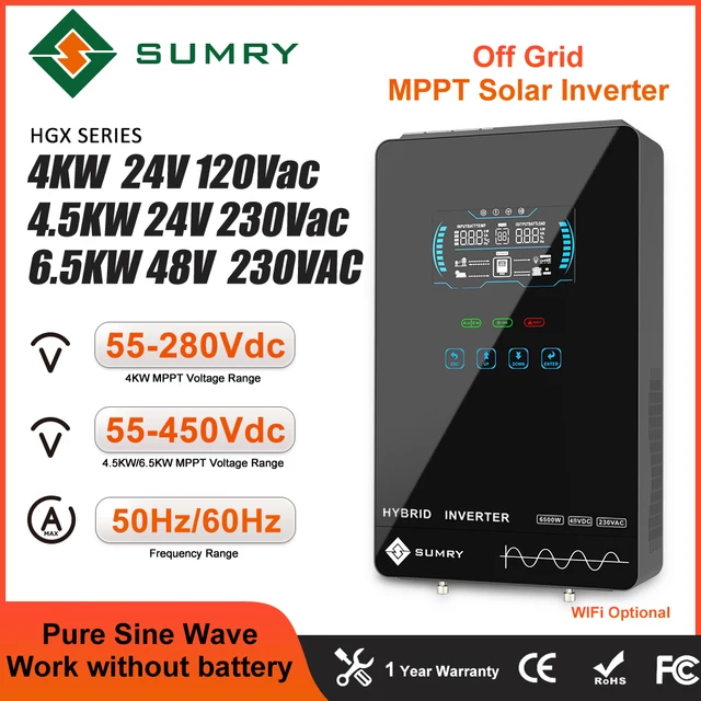 SUMRY อินเวอร์เตอร์พลังงานแสงอาทิตย์ 4KW 24vdc to 110Vac Off Grid อินเวอร์เตอร์ Pure Sine Wave MPPT พลังงานแสงอาทิตย์ 55-350VDC LCD Hybrid อินเวอร์เตอร์ 1