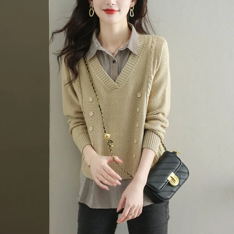 

Women's Spring and Autumn Blouse Fake Two-piece Knitted Long-sleeved Tops Pullover Sweater Femme Casual Knitwears Coat Shirt