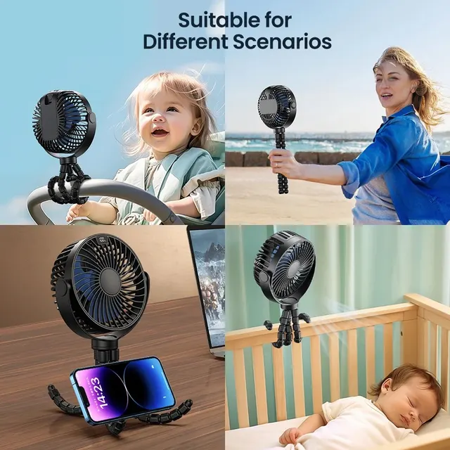 TOPK Stroller Fan 5000mAh Mini USB Rechargeable LED Display 4 Speed 360 Rotation Quiet Personal Cooling Fan Baby Outdoor Camping 6