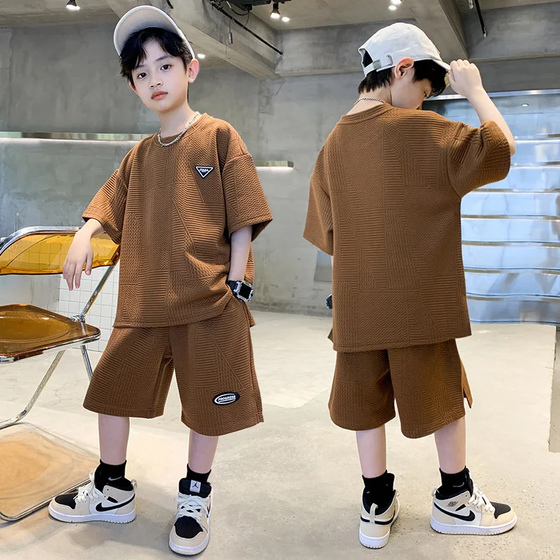 

Teen Boys Clothing Sets Summer Brown Grey Short Sleeve Tshirt+Shorts 2Pcs New Cool Kids Casual Style Loose Sport Outfits 5-14Yrs