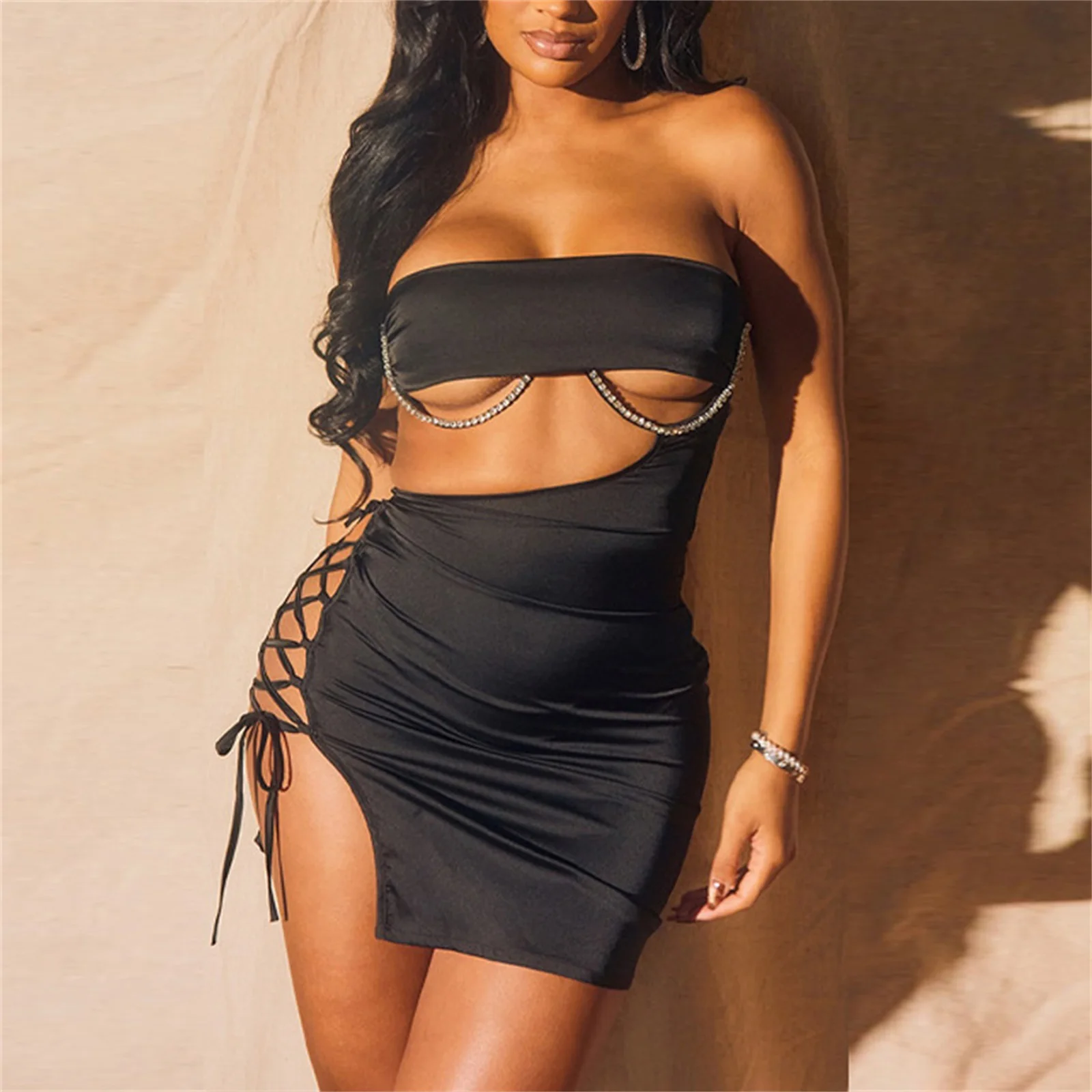 

Bandage Tight Dress Sexy High Mini Dresses Hollow Out Night Club Outfit Black Dress Baddie Outfits for Woman Prom Gown Corset