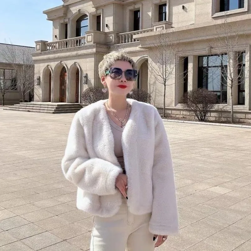 2023 New Women Imitation Mink Fur Coat Female Winter Loose Warm V-neck Fashion Outwear All-Match Solid Color Casual Short Jacket