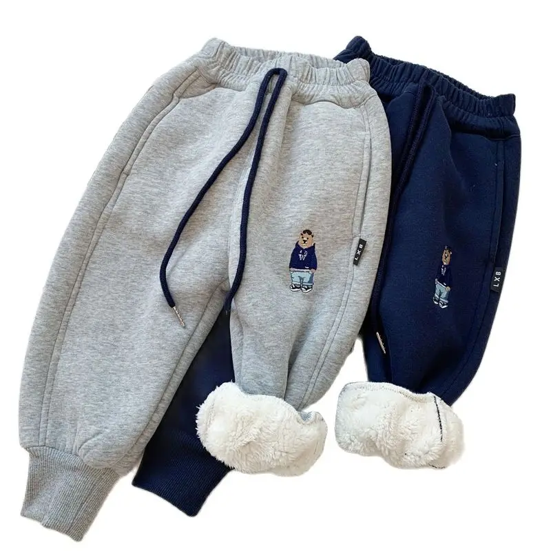 

Autumn and Winter Pants Boys' Plush Thickened Warm Pants 2023 New Girls' Lamb Fleece Casual Pants Children's Sports Pants 0-7Y