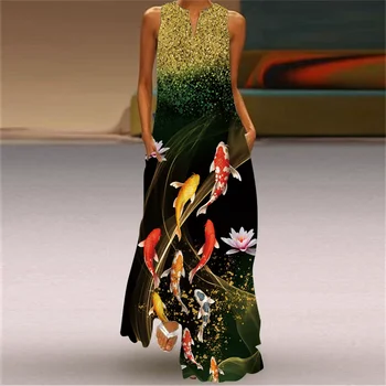 Street Style Fish Pattern Women Long Dresses Summer Sleeveless 3D Printed Fashion Ladies Maxi Dress 3XL Plus Size Casual Dress