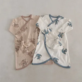 2025 Autunno Nuovo Bambino Manica Lunga Body Stampa Del Fumetto Infantile Della Ragazza del Ragazzo Orso Sveglio Tuta + Cappello di Cotone Vestiti Neonato 0-24M