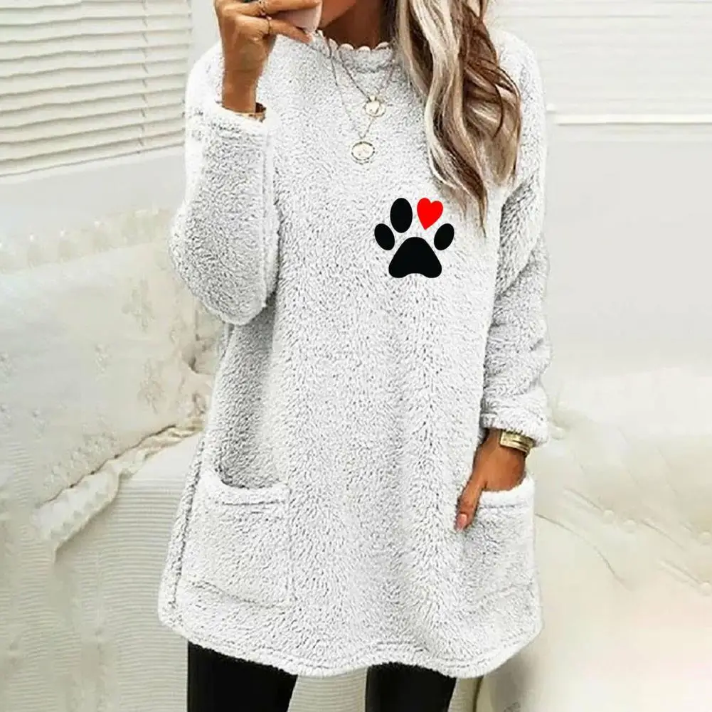 

Soft Sweatshirt Cartoon Paw Pattern Plush Sweatshirt with Pockets for Women Cozy Mid-length Pullover for Winter Fall Women